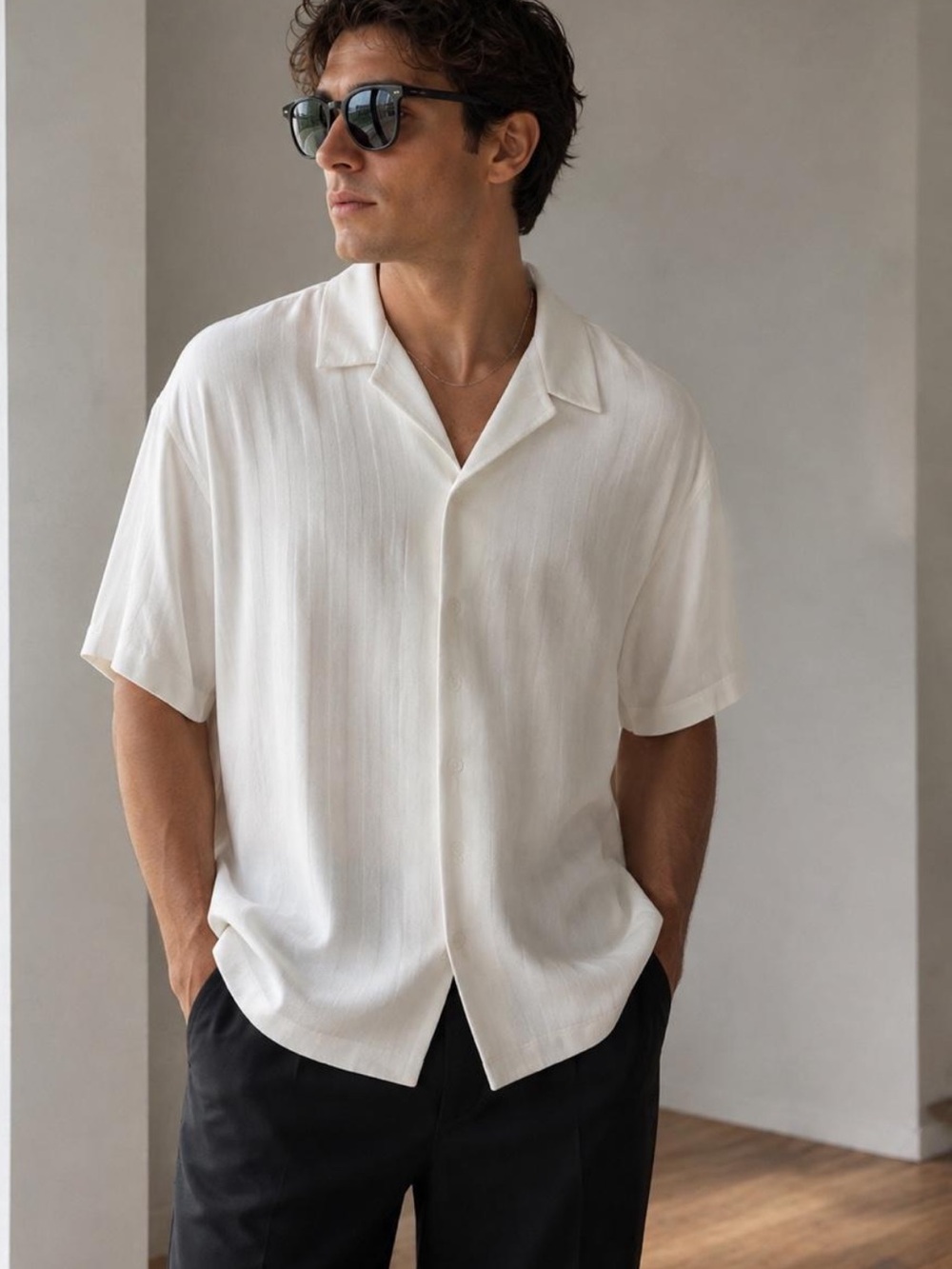 Reiss Men's white textured Short Sleeve button up collar shirt Sz L Like New